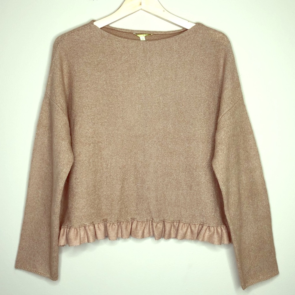 Gianni Bini Tan Boat Neck Ruffle Sweater Medium